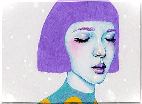 A girl with short purple hair with her eyes closed