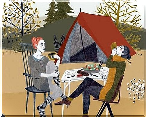 Two girls camping together because they want to improve their relationships