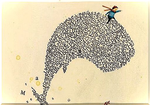 Boy on whale of letters, because a child who believes in himself can achieve anything