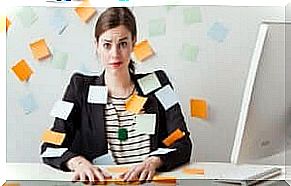 A woman surrounded by sticky notes