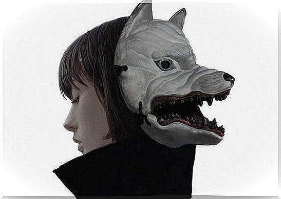 Girl who has a wolf mask on the back of her head