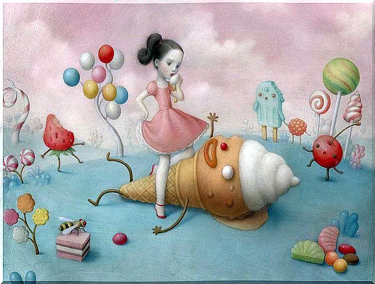 Girl is in a candy landscape, in the theme of emotional food.