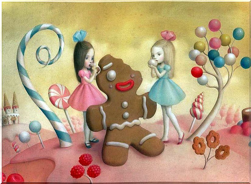 Two girls eat from a gingerbread man in the theme of emotional food.