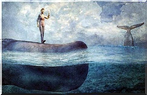 Man stands on whale