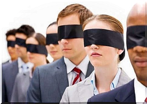 Row of blindfolded people