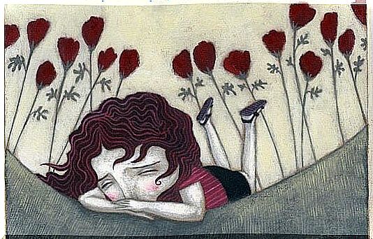 Crying girl with poppies behind her